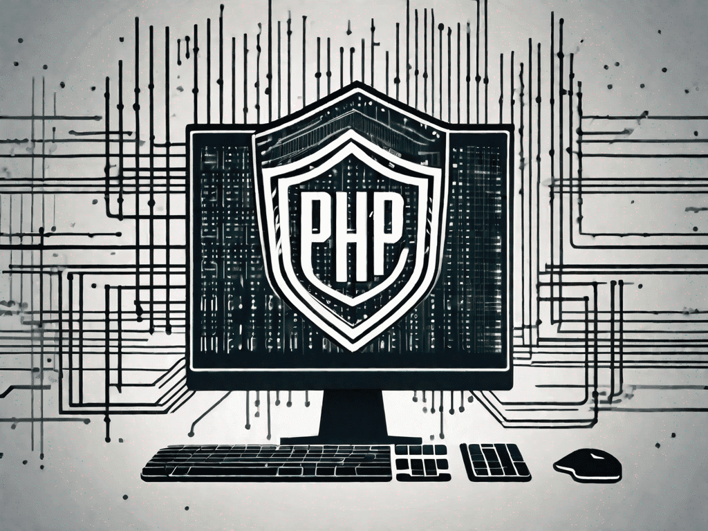A computer screen displaying a php script with a shield symbol overlay